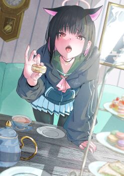 1girl absurdres analog_clock animal_ears black_choker black_hair black_hoodie blue_archive blush botaso_(t4s0) breasts cake cake_stand cat_choker cat_ears cat_girl choker clock colored_inner_animal_ears colored_inner_hair commentary_request couch extra_ears food green_sailor_collar halo hand_on_table highres holding hood hoodie incoming_food indoors jacket kazusa_(blue_archive) looking_at_viewer macaron multicolored_hair neckerchief open_mouth picture_frame pink_hair pink_halo pink_neckerchief pov_across_table red_eyes sailor_collar shirt skirt small_breasts solo table tea teapot tongue tongue_out tray two-tone_hair