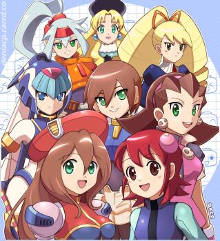 Rule 34 | 6+girls, aile (mega man zx), ashe (mega man), blue eyes, blue hair, blue helmet, blue jacket, blue vest, brown eyes, brown hair, cropped jacket, deniacp, drill hair, earrings, fairy leviathan (mega man), forehead jewel, green eyes, group picture, helmet, high ponytail, highres, in-franchise crossover, iris (mega man), jacket, jewelry, kalinka cossack (mega man), long hair, luna platz (mega man), mayl sakurai (mega man), mega man (classic), mega man (series), mega man battle network (series), mega man legends (series), mega man x (series), mega man zero (series), mega man zx, mega man zx advent, multiple girls, orange jacket, ponytail, red hair, short hair, sphere earrings, tron bonne (mega man), twin drills, vest