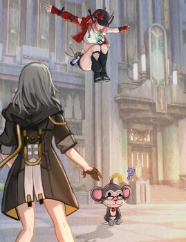 2girls :o ? absurdres asymmetrical_sleeves back baseball_cap black_coat black_gloves black_hat black_nails breasts coat falling glasses gloves green_eyes grey_hair hashtag-only_commentary hat highres honkai:_star_rail honkai_(series) hood hood_down horned_hat jacket knees_up monkey multiple_girls outstretched_arms rappa_(honkai:_star_rail) red_jacket shirt spray_paint standing stelle_(honkai:_star_rail) stomach toeless_footwear toenails trailblazer_(honkai:_star_rail) uneven_sleeves wall-eyed white_shirt xu77106413