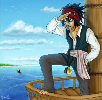 Rule 34 | 2boys, bags under eyes, barefoot, boat, cloud, cosplay, crossover, day, death note, disney, facial hair, goatee, hani06, hani7, headband, jack sparrow, jack sparrow (cosplay), l (death note), male focus, multiple boys, mustache, ocean, parody, pirate, pirates of the caribbean, ryuk, signature, sky, watercraft