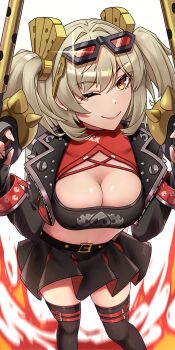 Rule 34 | 1girl, ;), absurdres, belt, black belt, black gloves, black jacket, black skirt, black thighhighs, breasts, burnice white, cleavage, commentary, english commentary, eyewear on head, fingerless gloves, fingernails, fire, flamethrower, fransuushi, gloves, highres, holding flamethrower, holding weapon, jacket, large breasts, looking at viewer, midriff, navel, one eye closed, open clothes, open jacket, short hair, simple background, skirt, smile, solo, standing, sunglasses, thighhighs, thighs, twintails, weapon, white background, yellow eyes, zenless zone zero