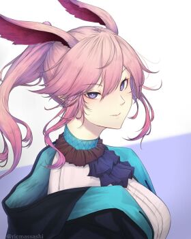 Rule 34 | 1girl, amiya (arknights), amiya (arknights) (cosplay), arknights, ascot, black coat, blue ascot, breasts, coat, commentary request, cosplay, highres, honkai (series), honkai impact 3rd, large breasts, looking at viewer, medium hair, pink hair, purple eyes, rikuguma, shirt, smile, solo, twitter username, white shirt, yae sakura