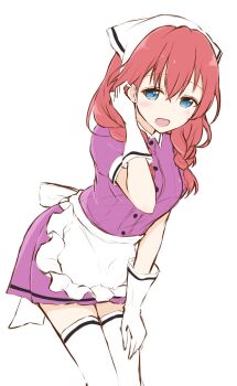 1girl amano_miu apron blend_s blue_eyes braid dress gloves headscarf highres long_hair maid_apron pink_hair purple_dress scarf short_dress solo stile_uniform thighhighs twin_braids waist_apron white_apron white_gloves white_headscarf white_scarf white_thighhighs yasaka_(astray_l)