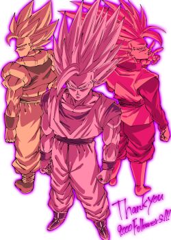 3boys back-to-back breasts clenched_hands cropped_vest dougi dragon_ball dragon_ball:_sparking! dragon_ball_super gogeta gohan_beast gohan_black goku_black group_picture highres long_hair male_focus medium_breasts metamoran_vest milestone_celebration multiple_boys muscular muscular_male no_shirt pants pink_theme rz28kp sash shirt simple_background son_gohan spiked_hair super_saiyan vest white_background