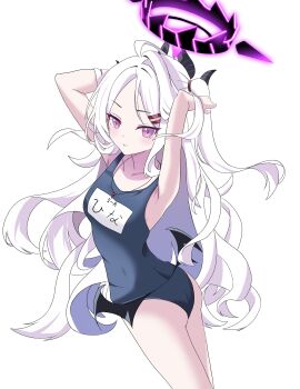 1girl absurdres ahoge blue_archive breasts commentary_request demon_girl demon_horns demon_wings halo highres hina_(blue_archive) hina_(swimsuit)_(blue_archive) horns long_hair looking_at_viewer low_wings mili_mli old_school_swimsuit purple_eyes school_swimsuit simple_background small_breasts solo standing swimsuit very_long_hair white_background white_hair wings