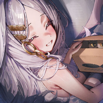 1girl ahoge armpit_crease art_program_in_frame betabeet black_pants black_skirt black_thighhighs blue_archive blush box breasts character_name closed_eyes coat demon_horns double-parted_bangs fur_coat hair_ornament hairpin highres hina_(blue_archive) holding holding_toy horns long_hair looking_at_viewer open_mouth pants pencil_skirt polaroid_photo purple_eyes shirt skirt sleeveless small_breasts smile solo striped_clothes stuffed_animal stuffed_cat stuffed_toy table thighhighs toy useless_machine vertical-striped_clothes white_hair white_shirt