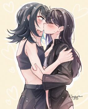 Rule 34 | 2girls, bang dream!, bang dream! it's mygo!!!!!, black hair, black jacket, black sports bra, blue eyes, blush, bra, breasts, brown hair, cellphone, cleavage, closed eyes, commentary, hand on another's arm, hand on another's shoulder, heart, highres, jacket, kiss, long hair, mole, mole under eye, multiple girls, phone, shiina taki, smartphone, sports bra, underwear, white bra, yahata umiri, yellow background, yoyoray20001996, yuri