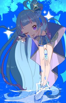 absurdly_long_hair ahoge aokaze_nana bare_legs bare_shoulders blue_background blue_boots blue_bow blue_bridal_gauntlets blue_hair blue_shirt blue_skirt blue_sleeves blunt_bangs boots bow bracelet bridal_gauntlets clip_studio_paint_(medium) cure_wink detached_sleeves diamond_hair_ornament eyelashes finger_to_cheek frilled_skirt frills hair_bobbles hair_bow hair_bun hair_ornament hairband hand_on_own_knee headset heart heart-shaped_hair highres jewelry kimi_to_idol_precure long_hair magical_girl miniskirt multicolored_boots multicolored_hair natadekoko_(nata_hfa) one_eye_closed open_mouth paint_splatter paint_splatter_on_face plaid_bow plaid_clothes plaid_sleeves platform_boots pleated_sleeves precure purple_eyes purple_hair shirt short_sleeves single_hair_bun skirt smile sparkle standing strapless strapless_shirt streaked_hair tareme thigh_strap tongue train_(clothing) twitter_username two-tone_boots two-tone_hair very_long_hair wading water white_boots white_hairband