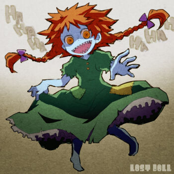 1girl 73_(naa) barefoot blue_skin bow braid character_name clothes_lift colored_skin commentary_request crazy_eyes crazy_laugh dress floating_clothes full_body green_dress gregory_horror_show hair_bow humanization lost_doll_(gregory_horror_show) open_mouth orange_eyes orange_hair patchwork_clothes purple_bow reaching reaching_towards_viewer shaded_face sharp_teeth short_sleeves simple_background skirt skirt_lift solo teeth twin_braids wide-eyed