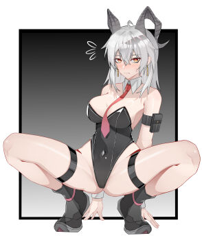 1girl @_@ absurdres ahoge ankle_boots arm_pouch bare_shoulders black_background black_boots black_leotard blush boots border breasts chinese_commentary closed_mouth commentary_request covered_navel curled_horns detached_collar earrings embarrassed flying_sweatdrops full_body gradient_background grey_background grey_hair grey_horns groin hair_between_eyes highleg highleg_leotard highres horns jewelry leotard looking_at_viewer medium_breasts medium_hair muusn necktie outside_border playboy_bunny red_necktie solo squatting strapless strapless_leotard sweatdrop thigh_strap white_border wuthering_waves yellow_eyes zani_(wuthering_waves)