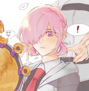 ! 1boy 1girl ^_^ alternate_hairstyle belt closed_eyes collared_shirt cy_110v fate/grand_order fate_(series) frown fujimaru_ritsuka_(male) hair_over_one_eye head_out_of_frame highres hood hoodie light_blush looking_at_mirror low_twintails mash_kyrielight mirror necktie out_of_frame pink_hair purple_eyes red_necktie shirt spoken_exclamation_mark spoken_expression standing suiten_nikkou_amaterasu_yanoshisu_ishi tamamo_(fate) tamamo_no_mae_(fate) twintails