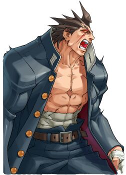 Rule 34 | 1boy, absurdres, angry, bandaged hand, bandages, blood, brown hair, cropped legs, edaki shin'ya, full body, gakuran, game cg, glowing, glowing eyes, highres, hunched over, jacket, justice gakuen, kazama daigo, male focus, midriff sarashi, moero! justice gakuen, non-web source, official art, open clothes, open jacket, open mouth, sarashi, scar, scar across eye, scar on face, school uniform, simple background, solo, spiked hair, teeth, unbuttoned jacket, white background, wild daigo