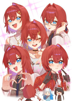 Rule 34 | ..., 3girls, :d, :p, :t, ange katrina, ange katrina (casual), ange katrina (lab coat), ange katrina (new year), black choker, black gloves, black hair, black necktie, blue eyes, blush, braid, choker, closed mouth, coat, colored inner hair, commentary, crossed bangs, doidamon, earrings, fingers to cheeks, four-finger heart hands, glasses, gloves, gold earrings, gold necklace, grey shirt, hair between eyes, hair intakes, hair ornament, hair over shoulder, hairclip, hairpin, hand in own hair, hand up, hands up, heart, heart hands, highres, inui toko, japanese clothes, jewelry, kimono, laughing, lize helesta, long hair, long sleeves, looking at viewer, low twin braids, medium hair, multicolored hair, multiple expressions, multiple girls, multiple hairpins, multiple views, necklace, necktie, nijisanji, one eye closed, open mouth, pendant choker, purple hair, rectangular eyewear, red hair, red kimono, sanbaka (nijisanji), shirt, single earring, single hair intake, smile, sparkle, sweatdrop, teeth, tongue, tongue out, translation request, triangle earrings, twin braids, two-tone hair, upper teeth only, virtual youtuber, white background, white coat, white shirt