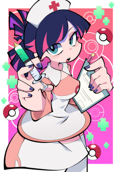 absurdres alternate_costume alternate_hairstyle commentary_request cosplay dress from_above highres holding holding_syringe looking_at_viewer nurse nurse_joy nurse_joy_(cosplay) okitya open_mouth panty_&amp;_stocking_with_garterbelt stocking_(psg) syringe thighhighs