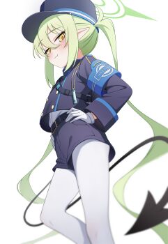 1girl absurdres armband belt black_tail blue_archive blue_armband commentary_request demon_tail fang from_below gloves green_hair green_halo halo hand_on_own_hip hat highres long_hair long_sleeves looking_at_viewer looking_down nozomi_(blue_archive) pantyhose peaked_cap pointy_ears shorts sidelocks simple_background skin_fang solo standing tail twintails user_shjm4774 whistle white_background white_gloves white_pantyhose yellow_eyes