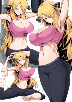 1girl alternate_costume armpits barefoot blonde_hair breasts cleavage clenched_teeth collage commentary_request cynthia_(pokemon) exercise_machine exercising fang flexible grey_eyes gym hair_over_one_eye highres large_breasts midriff navel nintendo on_floor pants pink_sports_bra pokemon pokemon_dppt shimure_(460) sitting soles solo sports_bra standing stretching sweat teeth toes trembling yoga_pants