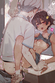 ... 1girl 2boys ayano_mitsuki black_hair breasts caught clothed_sex clothes_pull dark-skinned_female dark_skin food-themed_hair_ornament glasses grey_hair gsusart hair_ornament hetero highres holding_hands looking_through_window make_heroine_ga_oo_sugiru! medium_breasts multiple_boys nipples nukumizu_kazuhiko pants pants_pull purple_eyes sex shirt short_hair spoken_ellipsis sweat white_shirt yakishio_lemon