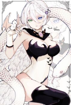 1girl absurdres bat_(animal) bat_tattoo black_bra black_cape black_thighhighs blue_eyes bra breasts cape cleavage commission copyright_request cowboy_shot feathers green_eyes hair_between_eyes heterochromia highres large_breasts original skeb_commission snake suzuno_woto tattoo thighhighs underwear white_feathers white_hair white_snake zoom_layer