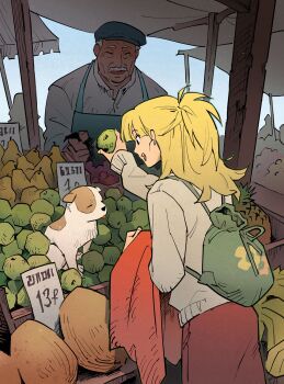 1boy 1girl apple apron bag blonde_hair dog drawstring drawstring_bag facial_hair flat_cap food fruit green_apple half_updo hat highres holding holding_food holding_fruit korean_commentary looking_at_animal market market_stall mustache old old_man open_mouth original pear people postiago red_skirt skirt sweater white_sweater