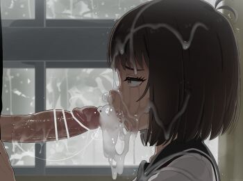 1boy 1girl absurdres after_fellatio bar_censor black_hair blurry blurry_background censored cum cum_bubble cum_in_mouth cum_in_nose cum_on_body cum_on_clothes cum_on_hair excessive_cum facial from_side hetero highres large_variant_set loli mizumizuni osanai_yuki penis profile school_uniform short_hair shoushimin_series solo_focus upper_body variant_set window