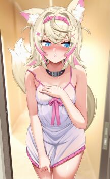 1girl absurdres animal_ears bare_shoulders black_collar blonde_hair blue_eyes blurry blurry_background breasts camisole collar cowboy_shot dog_ears dog_girl dog_tail highres hololive hololive_english mococo_abyssgard multicolored_hair pink_hair short_hair small_breasts solevisionarts solo spaghetti_strap streaked_hair tail two-tone_hair two_side_up virtual_youtuber white_camisole