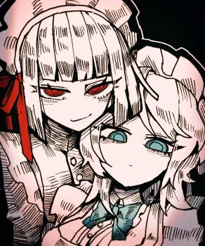 Rule 34 | 2girls, apron, blue bow, blue eyes, bow, closed mouth, faust (project moon), greyscale, hair ribbon, highres, juliet sleeves, limbus company, long sleeves, looking at viewer, maid, maid headdress, monochrome, multiple girls, project moon, puffy sleeves, red eyes, red ribbon, ribbon, ryoshu (project moon), smile, spot color, surumenabe