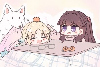 >_< 2girls :d balancing_on_head blanket blonde_hair blue_hair brown_hair closed_eyes commentary dog fang flower_symbol food fruit fujishima_megumi glasses gradient_hair grey-framed_eyewear grey_sweater hair_down harino_(love_live!) highres imminent_headpat kotatsu link!_like!_love_live! long_hair love_live! mandarin_orange mira-cra_park! mouth_hold multicolored_hair multiple_girls open_mouth osawa_rurino parted_bangs pink_sweater purple_eyes revision skin_fang smile sweater table two_side_up unworn_eyewear virtual_youtuber watage_modoki white_background white_dog xd