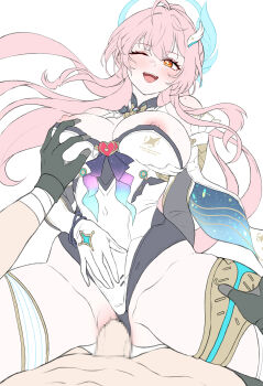 1boy 1girl aemeath_(wuthering_waves) black_gloves blush breasts censored clothed_sex clothing_aside commentary cowgirl_position daram_(shappydude) elbow_gloves girl_on_top gloves grabbing_another's_breast groping hair_ornament hand_on_own_stomach hetero highres large_breasts leotard leotard_aside long_hair looking_at_viewer male_rover_(wuthering_waves) mosaic_censoring nipples one_eye_closed open_mouth orange_eyes penis pink_hair pov pussy revision rover_(wuthering_waves) sex simple_background smile star-shaped_pupils star_(symbol) straddling symbol-shaped_pupils thighs unfinished vaginal white_background white_gloves white_leotard wuthering_waves