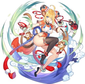 1girl :p ;p ahoge animal animal_ears ankle_ribbon anklet ark_order black_footwear black_gloves black_thighhighs blouse blue_eyes blue_vest bracelet breasts bun_cover clothed_animal covered_navel cup double_bun fingerless_gloves flats gloves gold_trim gourd green_vest hair_bun hatoyama_itsuru huge_ahoge jewelry leg_ribbon monkey monkey_(ark_order) monkey_ears monkey_tail neckerchief official_art one_eye_closed orange_shirt orange_skirt pelvic_curtain red_ribbon ribbon sakazuki shirt short_sleeves sideboob sidelocks single_thighhigh skirt solo tachi-e tail tassel thighhighs thighs tongue tongue_out transparent_background two-tone_shirt vest water white_shirt wind yellow_neckerchief