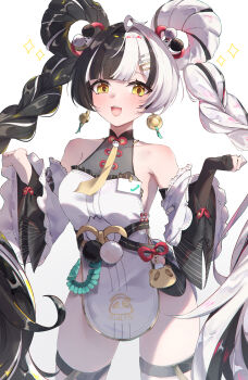 1girl absurdres bare_shoulders black_gloves black_hair braid braided_twintails china_dress chinese_clothes detached_sleeves dialyn_(zenless_zone_zero) dress earrings elphe gloves hair_extensions hair_ornament hands_up highres jewelry long_hair long_sleeves looking_at_viewer multicolored_hair open_mouth panda_hair_ornament partially_fingerless_gloves ring_hair_extensions single_glove smile solo split-color_hair standing two-tone_hair very_long_hair white_background white_hair wide_sleeves yellow_eyes zenless_zone_zero