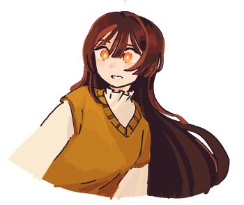 1girl blush bright_pupils brown_hair commentary cropped_torso english_commentary hair_between_eyes long_hair long_sleeves microsoft_paint_(medium) open_mouth orange_eyes orange_sweater saihate_eki shirt short-sleeved_sweater short_sleeves sidelocks simple_background solo sweater tenjiku_aoi tosteurmori upper_body v-neck white_background white_pupils white_shirt