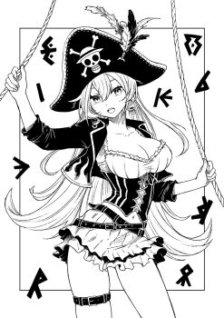 1girl al_chemist belt breasts cleavage collarbone commentary corset earrings greyscale hat hat_feather holding holding_rope jewelry long_hair monochrome navel open_mouth phase_connect pirate_hat pleated_skirt rope runie_ruse second-party_source skirt snake_earrings solo thigh_belt thigh_strap virtual_youtuber
