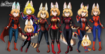 Rule 34 | 6+girls, :3, :d, absurdres, animal ear fluff, animal ears, animal print, artist name, black bodysuit, blonde hair, blue bodysuit, blush, bodysuit, breasts, cape, cat ears, cat girl, cat tail, chibi, chibi inset, clenched hands, closed mouth, commentary, cosplay, crossed legs, extra ears, full body, gold trim, gradient background, grey background, hair ornament, highres, jonstrange0613, kemono friends, kemono friends 2, kemono friends 3, large breasts, leg up, looking at viewer, marvel, marvel's spider-man, midair, multicolored bodysuit, multiple girls, multiple persona, open mouth, pigeon-toed, print bodysuit, red bodysuit, red cape, serval (kemono friends), short hair, side-by-side, signature, silver trim, smile, spider-man, spider-man: into the spider-verse, spider-man: no way home, spider-man (cosplay), spider-man (series), spider-man (toei), spider-man 1 (2002), spider-man 2 (2004), spider-man 3, spider-verse, spider print, spider web print, standing, striped tail, tail, teeth, the amazing spider-man 2, the spectacular spider-man, twitter username, two-tone bodysuit, upper teeth only, what if...? (disney+), yellow eyes, yellow tail
