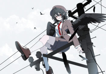1girl absurdres belt bird black_hair black_wings brown_belt brown_hat brown_jacket brown_shoes brown_shorts collared_shirt commentary feathered_wings flat_cap full_body grin hat highres jacket kiliko-san loafers long_sleeves looking_at_viewer medium_hair necktie outdoors pointy_ears power_lines red_eyes red_necktie shameimaru_aya shameimaru_aya_(newsboy) shirt shoes shorts sitting sitting_on_object sky smile socks solo suspenders touhou utility_pole white_shirt white_sky white_socks wings