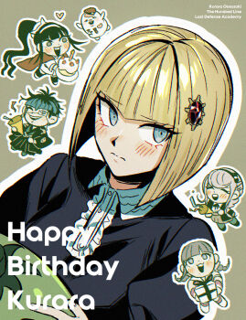 1boy 4girls ^_^ birthday_cake black_dress black_hair black_hairband black_hakama black_haori black_jacket blonde_hair blue_eyes blue_hair braid cake cape chibi closed_eyes commentary_request copyright_name dress eye_print eyepatch face_piercing film_grain food gem gem_hair_ornament gift grey_background grey_hair grey_kimono grin hairband hakama hakama_pants haori happy_birthday hat heart highres holding holding_gift holding_party_popper jacket japanese_clothes kimono kirifuji_nozomi labret_piercing light_blush long_hair looking_at_another looking_at_viewer magadori_kyoshika mihen mojiro_moko multicolored_hair multiple_girls nigou_(hundred_line) omokage_yugamu oosuzuki_kurara outline pants party_popper piercing ponytail print_eyepatch red_cape red_gemstone red_hat shirt short_hair smile the_hundred_line_-last_defense_academy- white_outline white_shirt