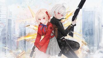 Rule 34 | 2girls, backpack, bag, black jacket, black pants, blonde hair, bracelet, breasts, brown bag, building, closed mouth, commentary, dress, english commentary, explosion, finger on trigger, flippy (cripine111), goddess of victory: nikke, grey dress, gun, hair ribbon, handgun, highres, holding, holding gun, holding weapon, holster, jacket, jewelry, lycoris recoil, lycoris uniform, medium breasts, multiple girls, nishikigi chisato, one eye closed, open clothes, open jacket, pants, pink hair, pleated dress, red dress, red eyes, red ribbon, ribbon, shell casing, short hair, shotgun, sugar (nikke), weapon, white hair