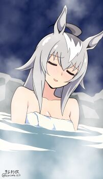 1girl absurdres ahoge animal_ears blush closed_eyes ear_ornament grey_hair hair_between_eyes hashtag-only_commentary highres horse_ears horse_girl kiyosuke_(kiyosuke023) long_hair multicolored_hair oguri_cap_(umamusume) onsen open_mouth solo steam towel umamusume