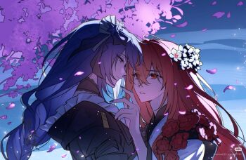 2girls alternate_costume alternate_universe bad_source blue_sky blunt_bangs braid cherry_blossoms closed_mouth commission couple detached_collar flower frilled_kimono frills from_side genshin_impact gradient_hair hair_between_eyes hair_ornament hands_up heads_together japanese_clothes kimono leaning_forward leaning_on_person light_particles long_braid looking_at_another looking_down looking_up mole mole_under_eye multicolored_hair multiple_girls night night_sky oc_x_canon original outdoors parted_lips pink_petals purple_eyes purple_hair raiden_shogun red_eyes red_hair single_braid sky standing tree upper_body watermark wind xiaohongshu_watermark yilinglaozu121 yuri