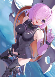 Rule 34 | 1girl, absurdres, armor, armored boots, armored leotard, bare shoulders, black armor, boobplate, boots, breastplate, elbow gloves, fate/grand order, fate (series), gloves, hair over one eye, highres, mash kyrielight, mixed-language commentary, one eye covered, open mouth, pink hair, purple eyes, purple gloves, shield, short hair, smile, solo, user jmtm3733, water