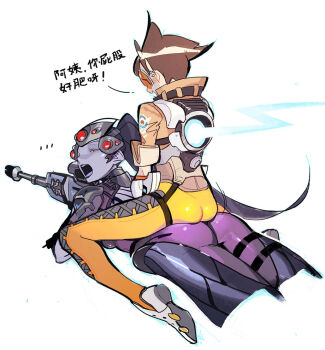 2girls armor ass ass-to-ass bodysuit chinese_text ear_piercing earrings goggles gun helmet jacket jewelry long_hair lying multiple_girls on_stomach open_mouth orange_bodysuit overwatch overwatch_1 piercing ponytail purple_bodysuit rifle shazhiqiao shoes short_hair shoulder_armor sitting sitting_on_person sniper_rifle spiked_hair straddling tracer_(overwatch) weapon widowmaker_(overwatch) yellow_eyes yuri