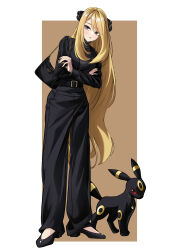 1girl absurdres alternate_costume belt black_bag black_belt black_jacket black_pants black_shoes blonde_hair chain commentary_request cynthia_(pokemon) dorosi033 eyelashes full_body gen_2_pokemon grey_eyes hair_ornament highres jacket long_hair long_sleeves nintendo pants pokemon pokemon_(creature) pokemon_dppt ribbed_sweater shoes standing sweater sweater_under_jacket turtleneck turtleneck_sweater umbreon