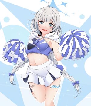 1girl alternate_costume blue_archive blush braid breasts cowboy_shot crop_top green_eyes grey_hair highres kagayai_akira leg_up long_hair looking_at_viewer maia_(blue_archive) medium_breasts miniskirt navel pom_pom_(clothes) skirt solo standing thighs twin_braids very_long_hair white_skirt