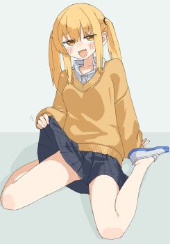 1girl :d absurdres black_skirt blonde_hair blush_stickers breasts brown_eyes brown_sweater clothes_lift collared_shirt commentary_request dress_shirt fang full_body grey_background hair_between_eyes highres kopaka_(karda_nui) lifting_own_clothes long_hair long_sleeves looking_at_viewer no_socks open_mouth original pleated_skirt puffy_long_sleeves puffy_sleeves school_uniform shirt shoes skirt skirt_lift sleeves_past_wrists small_breasts smile solo sweater twintails uwabaki white_shirt