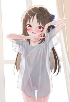 1girl absurdres blush breasts brown_hair commentary fella_(vpffk0731) highres idolmaster idolmaster_cinderella_girls loli long_hair looking_at_viewer see-through_silhouette shirt small_breasts solo tachibana_arisu white_shirt