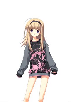 1girl annoyed bare_legs black_hairband blonde_hair blood_tune bottomless breasts chaos;head character_name character_print game_cg hairband long_sleeves looking_at_viewer loungewear matsuo_yukihiro nishijou_nanami non-web_source official_art pink_trim purple_eyes science_adventure seira_orgel small_breasts solo sprite sweater swept_bangs transparent_background v-shaped_eyebrows