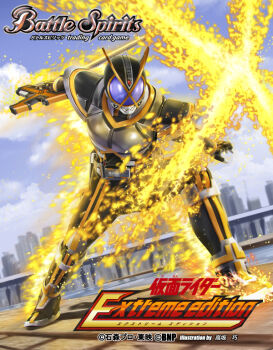 1boy armor attack_trail battle_spirits black_bodysuit black_gloves black_helmet blue_sky bodysuit cloud cloudy_sky commentary_request copyright_logo copyright_name copyright_notice crimson_(cxrss377) dutch_angle gloves helmet holding holding_sword holding_weapon kaixa_blaygun kaixa_driver kamen_rider kamen_rider_555 kamen_rider_kaixa logo official_art outdoors purple_eyes reverse_grip rider_belt shoulder_armor sky solo sword tokusatsu weapon yellow_aura yellow_trim