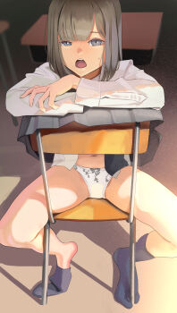 1girl absurdres blush chair clothes_lift commentary_request desk green_skirt grey_eyes highres long_sleeves looking_at_viewer no_shoes open_mouth original panties po-i-mu school_chair school_desk shirt skirt skirt_lift solo sweatdrop underwear white_panties white_shirt