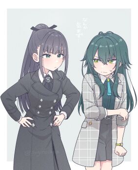 Rule 34 | 2girls, :|, amaya tsubame, antenna hair, black coat, black hair, black skirt, border, closed mouth, coat, commentary request, gakuen idolmaster, green hair, green shirt, grey coat, hair flaps, hands on own hips, high ponytail, highres, idolmaster, looking at another, multiple girls, pogii, ponytail, shirt, sidelocks, simple background, skirt, straight hair, sweatdrop, tsukimura temari, twitter username, white background, white border