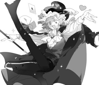 1boy ;d ascot bad_id bad_twitter_id cape card cinnamon_cookie cookie_run curly_hair dynamic_pose facial_mark greyscale happy hat hat_feather holding humanization inactive_account k3vccitq magician male_focus monochrome one_eye_closed open_mouth outstretched_arms painttool_sai_(medium) pants playing_card shoes short_hair simple_background sketch smile solo vest white_background
