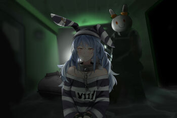 1girl 2others absurdres animal_ears ayou_(aukuamani) backlighting bare_shoulders blurry blurry_foreground blush braid breasts bulletproof_vest carrot carrot_hair_ornament chain clothes_writing collar collarbone commentary commission cuffs day don-chan_(usada_pekora) door english_commentary false_smile fog food-themed_hair_ornament hair_ornament handcuffs highres hikimayu hololive indoors jacket kneeling metal_collar military multicolored_hair multiple_others official_alternate_costume orange_eyes pants pixiv_commission prison_clothes prisoner rabbit-shaped_pupils rabbit_ears rabbit_girl safety_pin shirt short_eyebrows sidelocks small_breasts smile standing striped_clothes striped_headwear striped_shirt sunlight symbol-shaped_pupils thick_eyebrows twin_braids two-tone_hair usada_pekora usada_pekora_(prisoner) virtual_youtuber white_hair